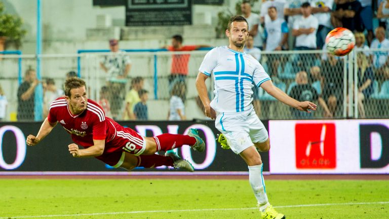 Peter Pawlett puts his side 2-0 up against Rijeka with a diving header