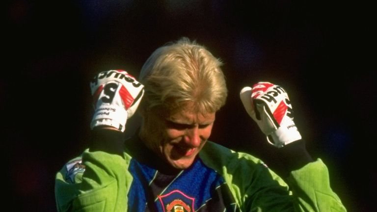 14 Aug 1994:  Manchester United goalkeeper Peter Schmeichel celebrates during the FA Charity Shield match against Blackburn Rovers at Wembley Stadium in Lo