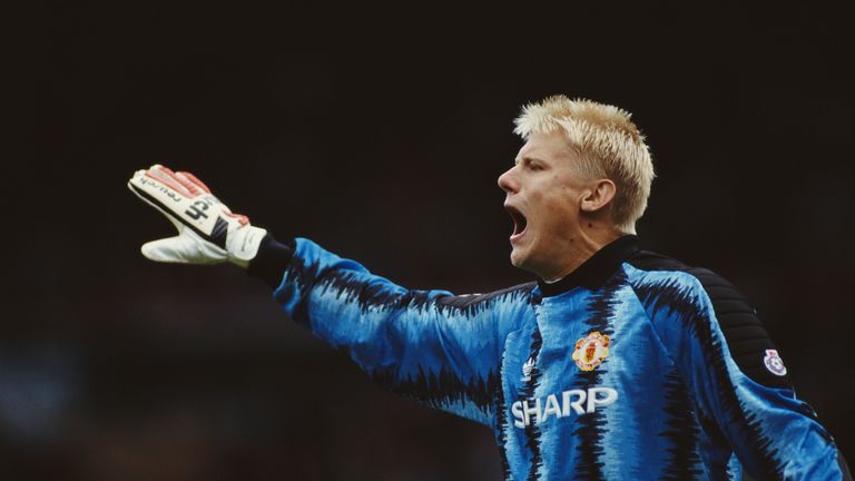 MANCHESTER - OCTOBER 05 1991:  Manchester United goalkeeper Peter Schmeichel in action during a League match v Liverpool at Old Trafford 
