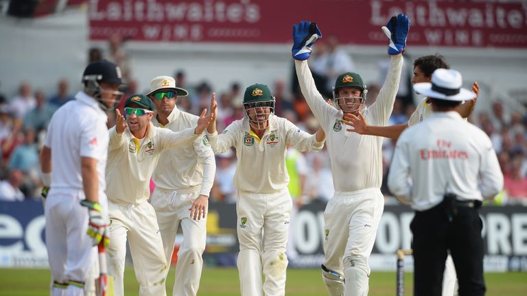 Phil Hughes, Michael Clarke, Ed Cowan and wicketkeeper Brad Haddin appeal unsuccessfully for the wicket of Stuart Broad