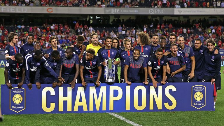 CHICAGO, IL - JULY 29:  Members of Paris Saint-Germain celebrate with the Champions Cup after a match against Manchester United in the 2015 International C
