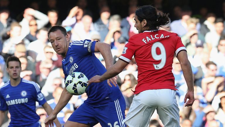 LONDON, ENGLAND - APRIL 18:  Radamel Falcao of Manchester United in action with John Terry of Chelsea during the Premier League match on April 18, 2015