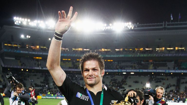 Captain Richie McCaw of the All Blacks holds  the Webb Ellis Cup after the 2011 IRB Rugby World Cup Final match between France & New Zealand