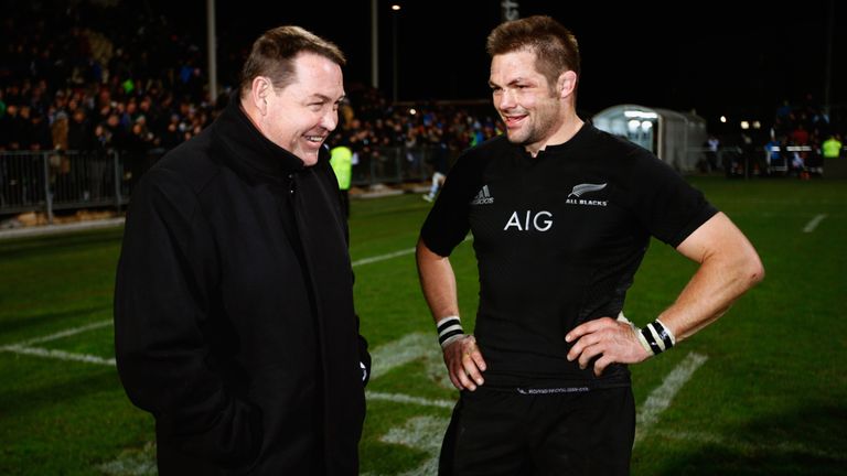 Richie McCaw (R) and Steve Hansen (L) following the All Blacks' Rugby Championship win over Argentina