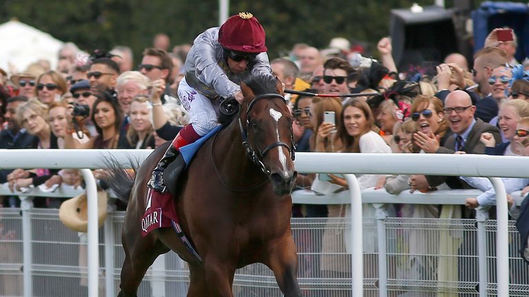 Frankie Dettori riding Shalaa to victory in the Richmond Stakes