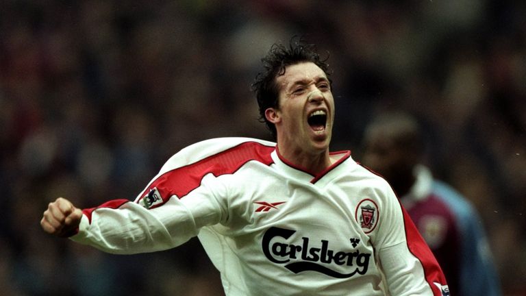 21 Nov 1998:  Robbie Fowler of Liverpool celebrates after completing his hat trick against Aston Villa during the FA Carling Premiership match at Villa Par