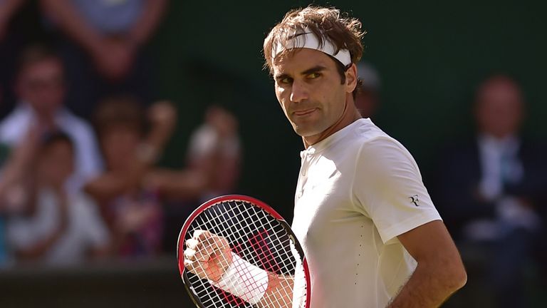Roger Federer celebrates a point against Andy Murray in the Wimbledon semi-finals