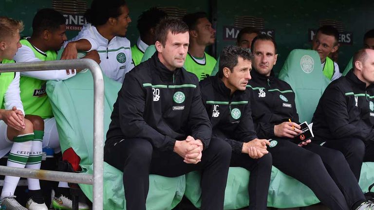 Celtic manager Ronny Deila on the bench at St Mirren Park