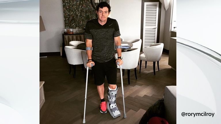 McIlroy posted this image on Instagram after rupturing his ankle ligaments playing football