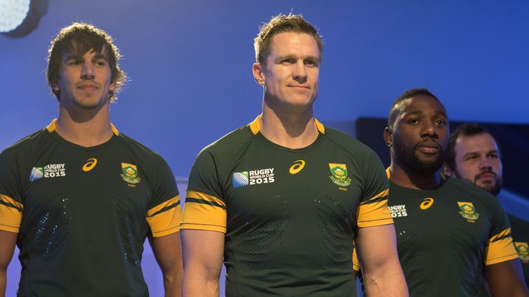 Eben Etzebeth, captain Jean de Villiers and Tendai Mtawarira South Africa