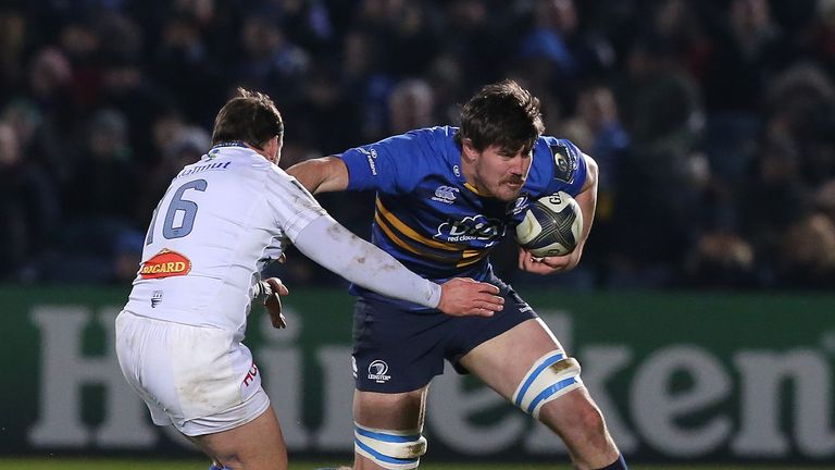 Leinster's Kane Douglas (right) pushes away Castres Mathieu Bonello
