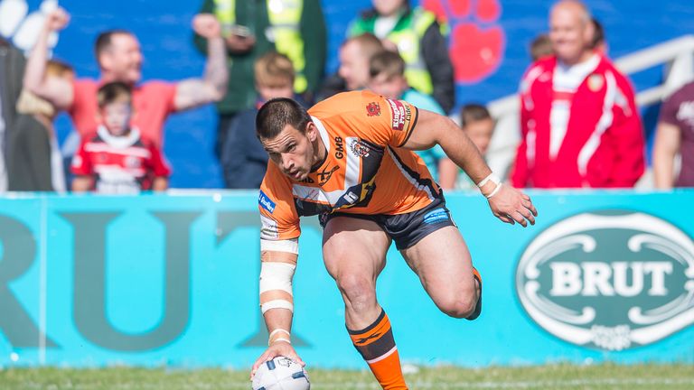 Castleford's Justin Carney touches down for his fourth try against Wakefield