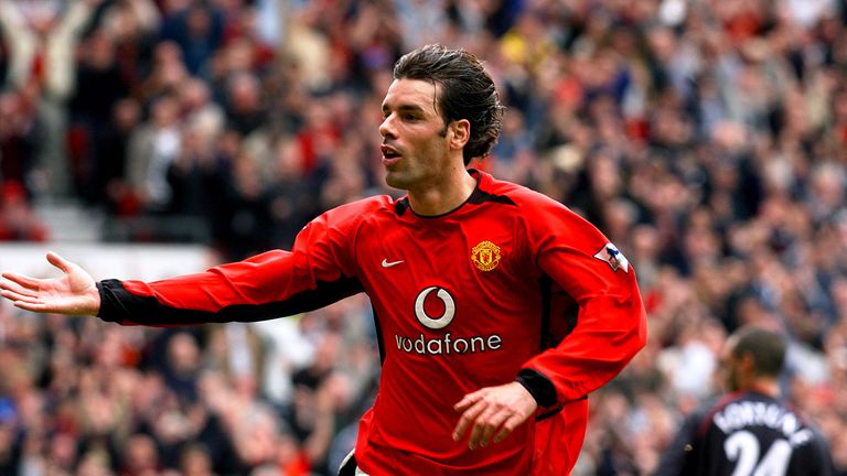 Ruud van Nistelrooy celebrates scoring his first goal against Charlton Athletic 03/05/2003