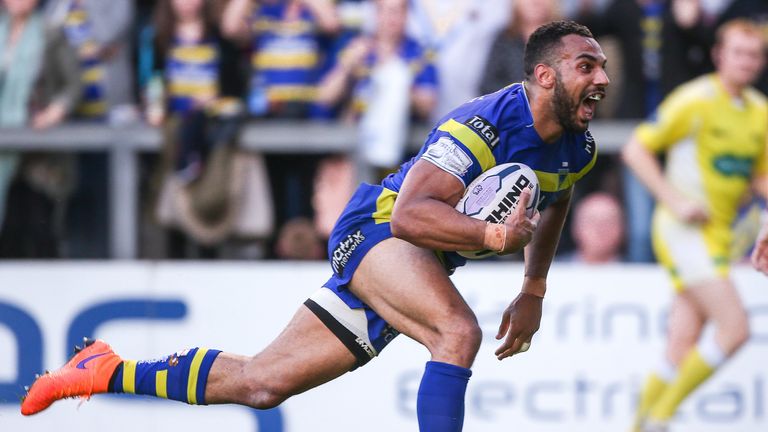 Ryan Atkins scores a try for Warrington