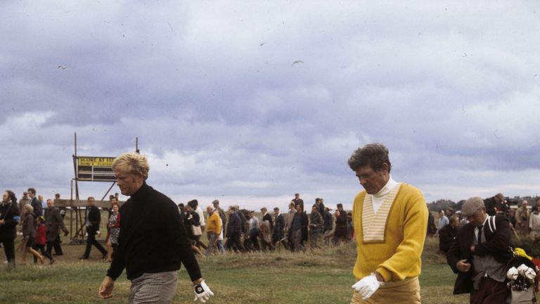 Jack Nicklaus (left) and Doug Sanders walking down the stretch during their play-off at St Andrews