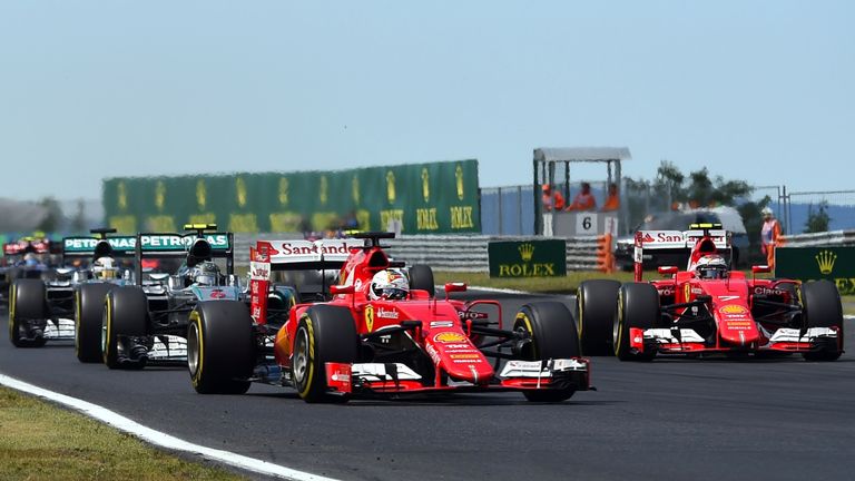 Both Ferraris surged ahead of the Mercedes' on the first lap