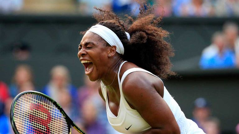 Serena Williams celebrates during her victory over Heather Watson