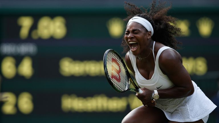 US player Serena Williams reacts against Britain's Heather Watson 