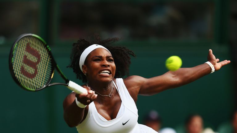 LONDON, ENGLAND - JULY 01:  Serena Williams of the United Statesstretches for a forehand in her Ladies Singles Second Round match against Timea Babos of Hu