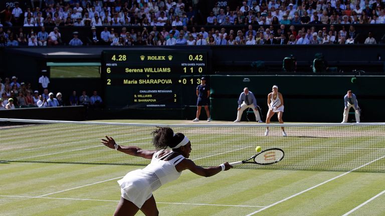 US player Serena Williams returns against Russia's Maria Sharapova during their women's semi-final match