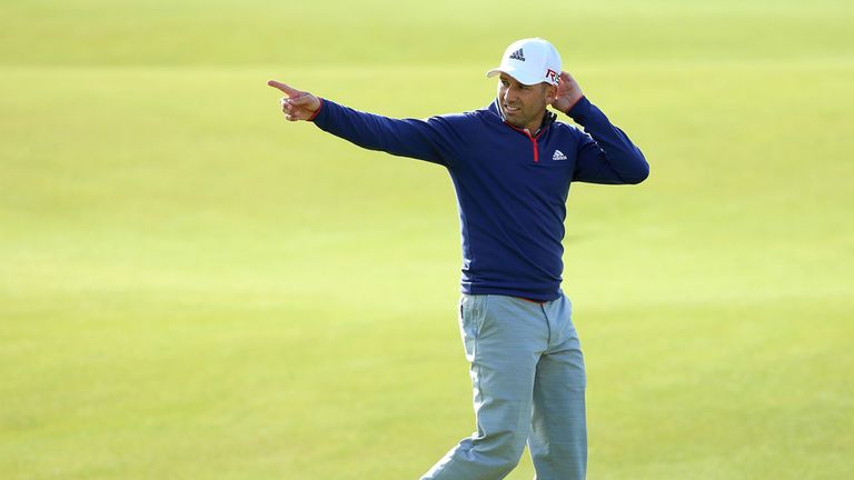 Sergio Garcia of Spain acknowledges the crowd on the 18th green during the second round of the 144th Open Championship