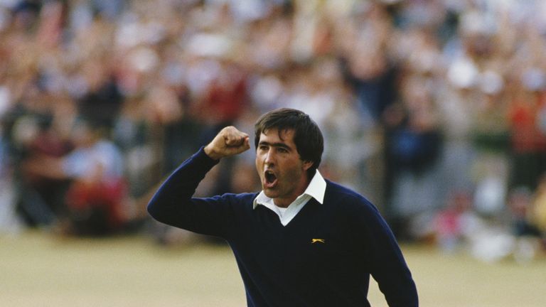 Seve Ballesteros of Spain celebrates after he holes out on the final 18th green to win the 113th Open Championship on 22nd July 1984.
