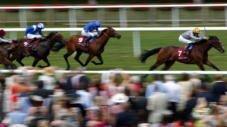Robert Havlin and Shalaa go clear to win the Arqana July Stakes at Newmarket from Steady Pace.
