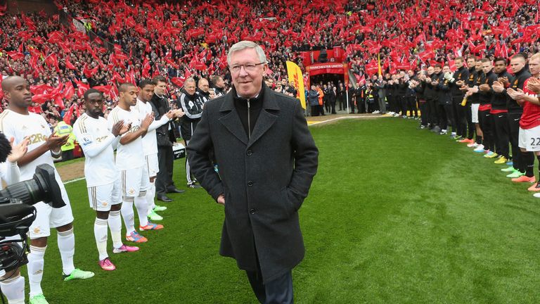 Sir Alex Ferguson walks out at Old Trafford for the last time in his 723rd game in charge at the Theatre of Dreams