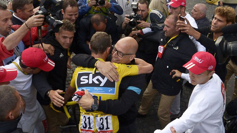 Sir Dave Brailsford and Chris Froome celebrate Tour de France success