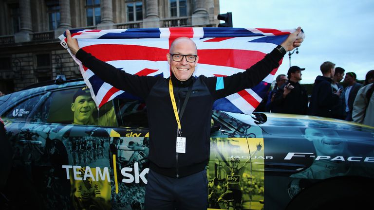 PARIS, FRANCE - JULY 26:  Team Sky manager Sir David Brailsford celebrates Chris Froome's victory in the 2015 Tour de France