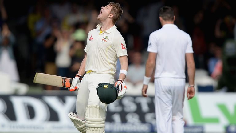 Steven Smith of Australia celebrates reaching his century at Lord's