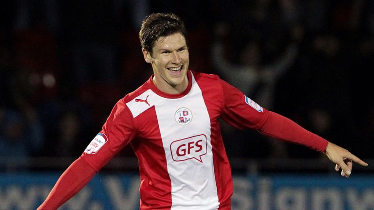 Crawley's Josh Simpson celebrates after scoring his sides opening goal during the Capital One Cup, Third Round match at Broadfield Stadium, Crawley.