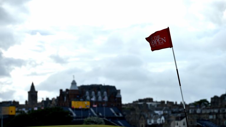 ST ANDREWS, SCOTLAND - JULY 18:  A flag is seen on the 16th hole during the second round of the 144th Open Championship at The Old Course on July 18, 2015 