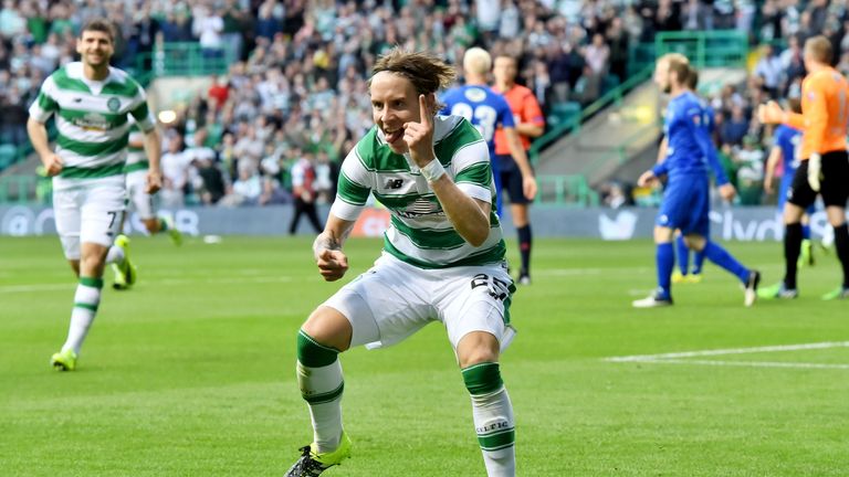 Celtic's Stefan Johansen celebrates his goal against Stjarnan. 