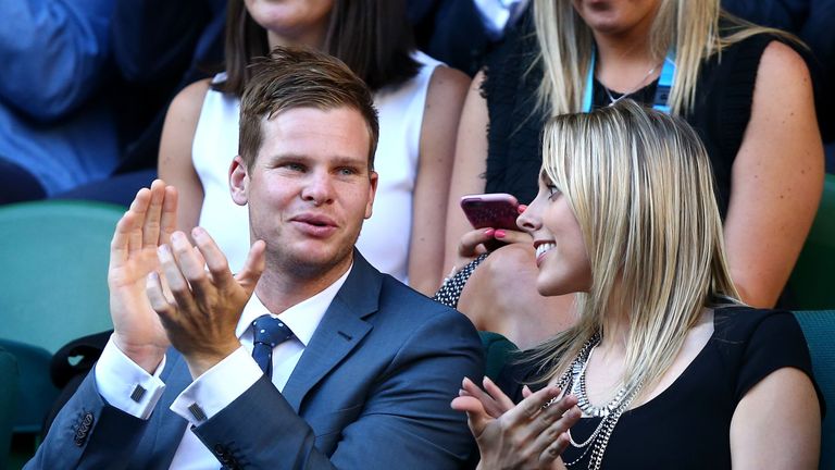 Steve Smith and his girlfriend Danielle Willis attend Rod Laver Arena during day one of the 2015 Australian Open