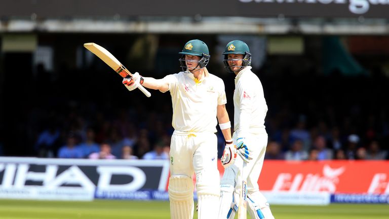 Australia's Steve Smith acknowledges reaching his 50 during day four of the Second Investec Ashes Test at Lord's, London