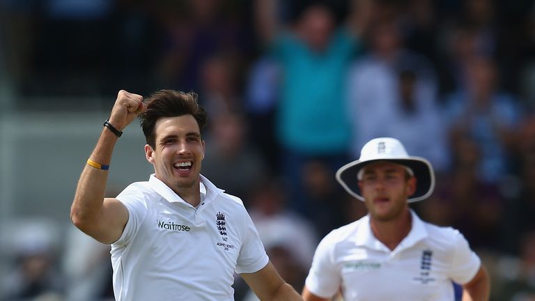 Steven Finn celebrates after dismissing Peter Nevill