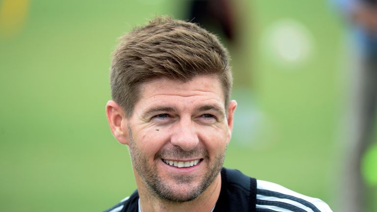 New Los Angeles Galaxy midfielder Steven Gerrard #8 during a training session on July 7, 2015 at StubHub Center in Carson, California.