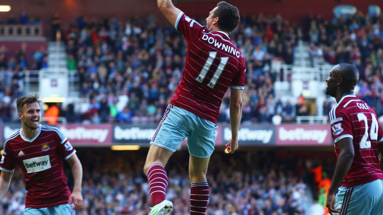 Stewart Downing celebrates what turned out to be his final goal for West Ham against Everton in May