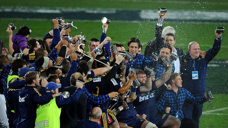 The Highlanders team celebrate following the Super Rugby Final match