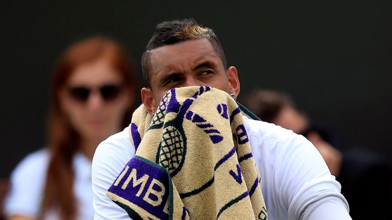 Nick Kyrgios reacts during his match against Richard Gasquet during day seven of Wimbledon