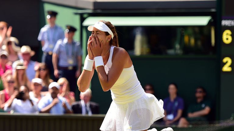 Garbine Muguruza celebrates reaching the Wimbledon final following victory over Agnieszka Radwanska