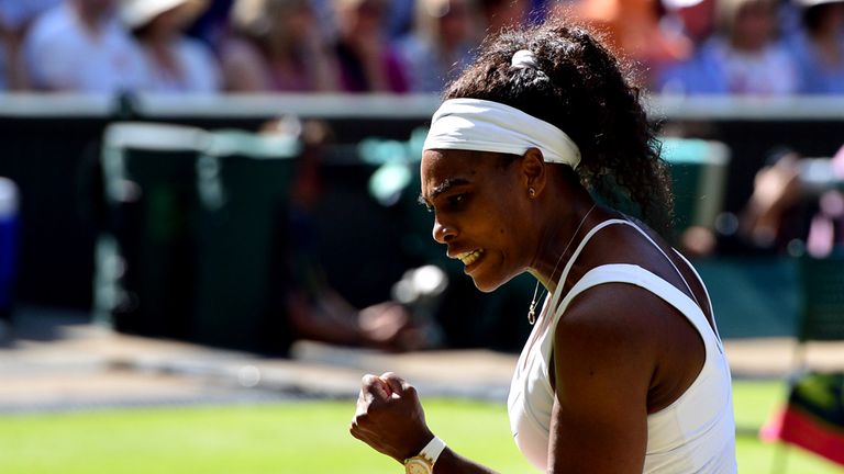 Serena Williams celebrates a point during day Ten of the Wimbledon Championships at the All England Lawn Tennis and Croquet Club, Wimbledon