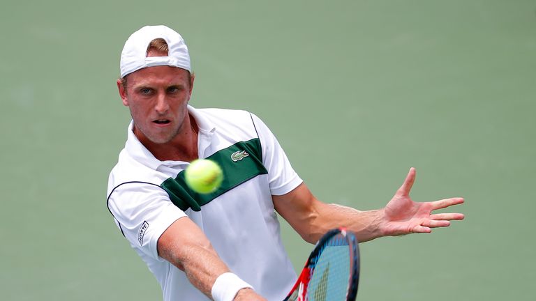 Denis Kudla returns a backhand to Jack Sock during the BB&T Atlanta Open 2015