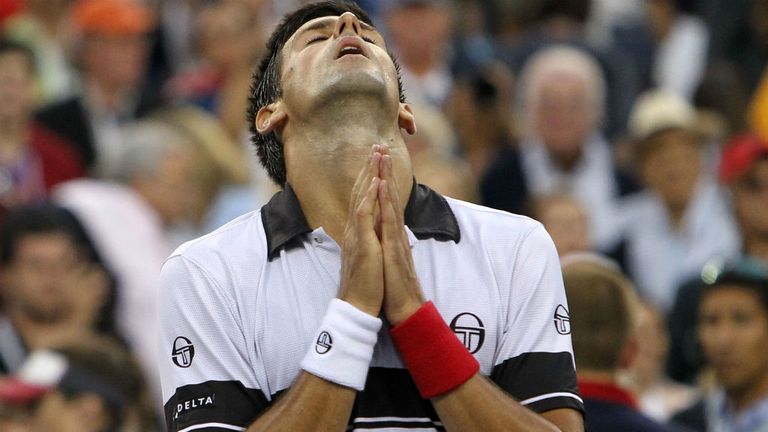 Novak Djokovic celebrates defeating Roger Federer to win his men's singles semi-final at 2010 US Open