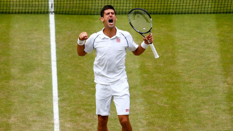 Novak Djokovic celebrates after beating Roger Federer in the 2015 Wimbledon final