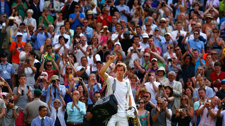 Andy Murray  acknowledges the crowd after victory against Ivo Karlovic at Wimbledon