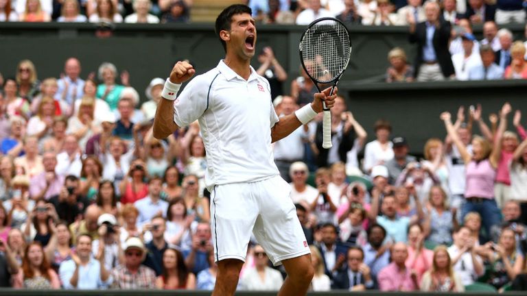 Novak Djokovic celebrates after beating Roger Federer in the 2015 Wimbledon final
