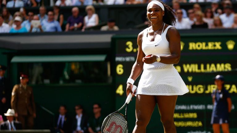 Serena Williams celebrates after winning the Final Of The Ladies' Singles against Garbine Muguruza at Wimbledon