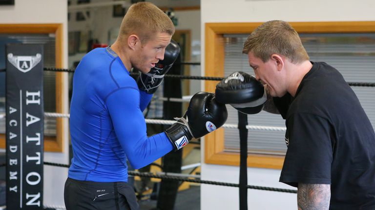 MANCHESTER, ENGLAND - JUNE 18: Ricky Hatton and WBO World Lightweight title challenger Terry Flanagan during a media workout at Hatton Health and Fitness o